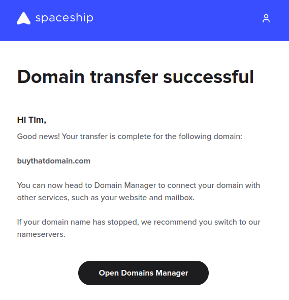 Screenshot of Spaceship domain transfer successful notification email