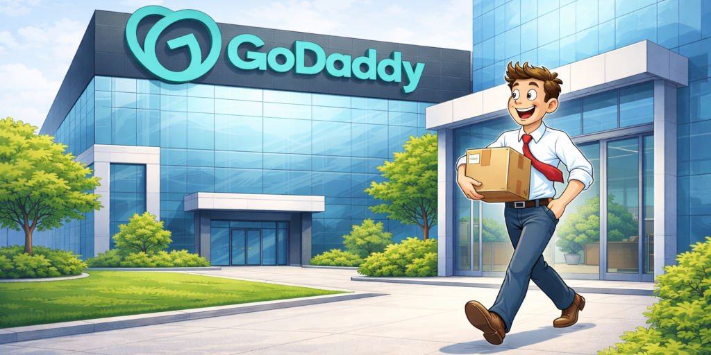 Smiling cartoon man walking away from GoDaddy office building