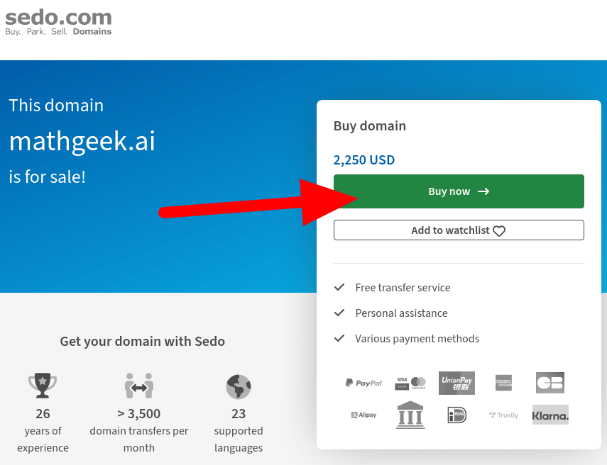 MathGeek.ai domain name for sale on Sedo lander page screenshot