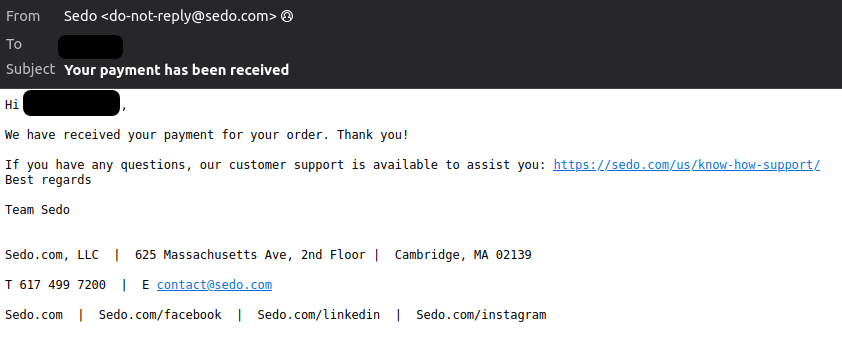 Sedo domain name payment received confirmation email screenshot