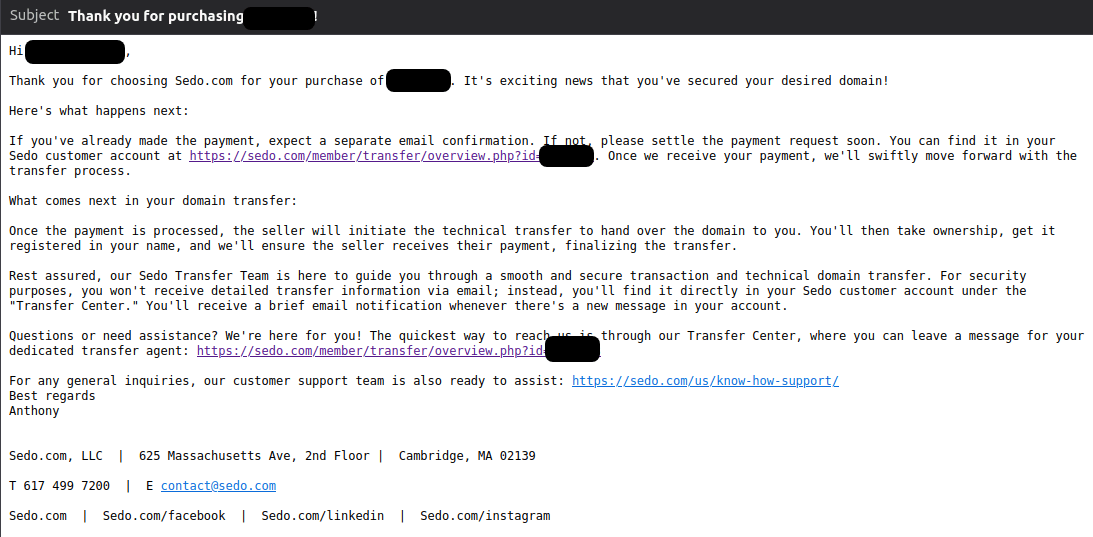Sedo domain name purchase confirmation email screenshot