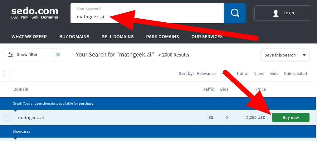Sedo search for domain name mathgeek.ai screenshot