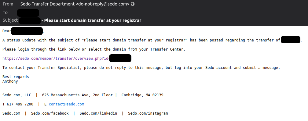 Sedo start domain name transfer request email screenshot
