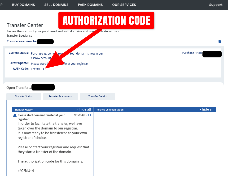 Sedo domain name transfer center with authorization code screenshot