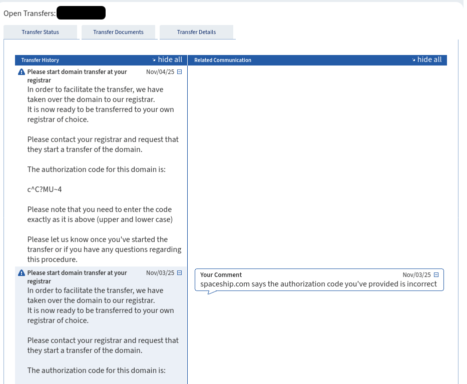 Requesting the correct domain name authorization code from Sedo screenshot