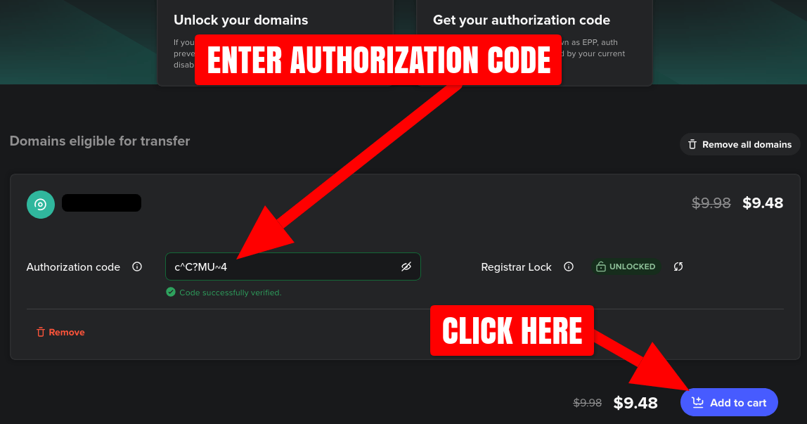 Spaceship.com transfer domain enter authorization code screenshot