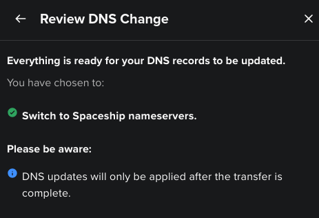 Spaceship transfer manager page nameserver change confirmation screenshot