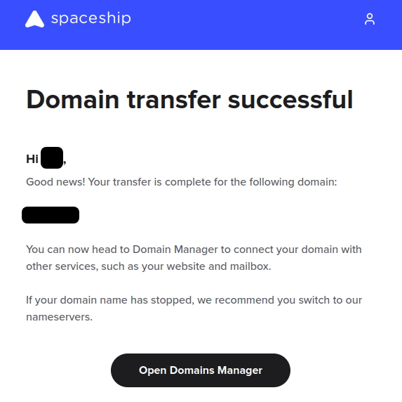 Spaceship transfer success confirmation email screenshot